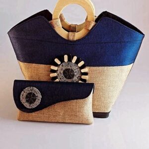 Ensemble Sac à Main et Pochette Artisanale - Duo Raphia et Bleu Nuit